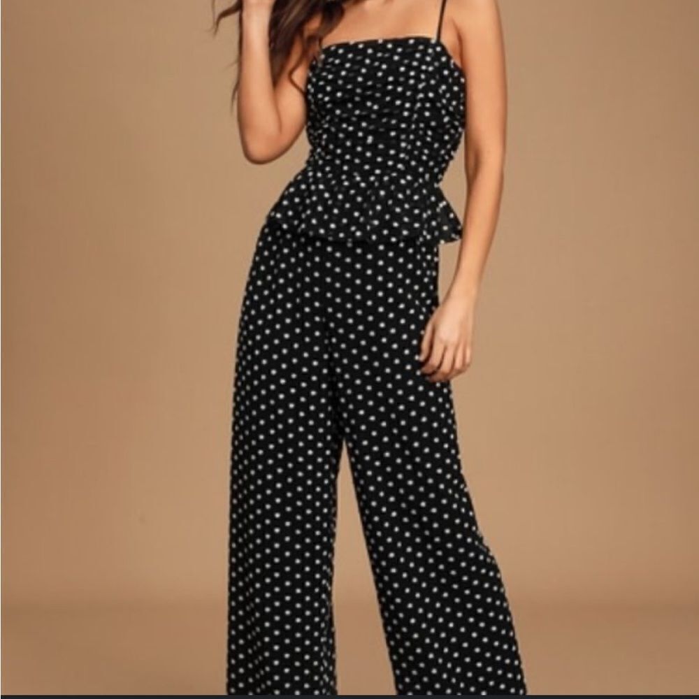 Lulus Show Them Up Black Floral Embroidered Peplum Wide-Leg Jumpsuit size XS NWT